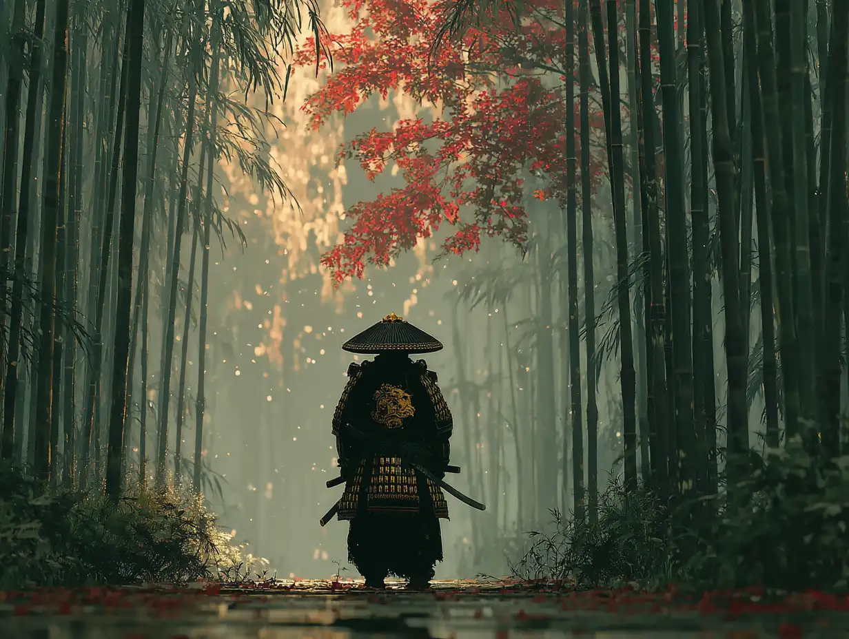 Samurai warrior in black-and-gold armor standing in bamboo forest with drifting fog and falling leaves, soft dawn light